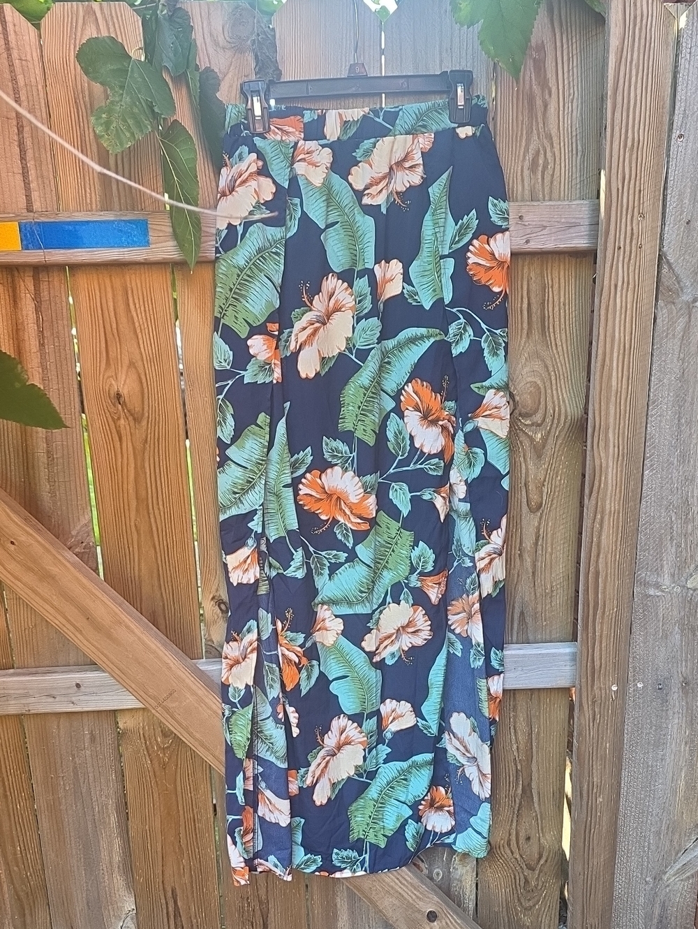 SHEIN Navy Maxi Skirt with Green Leaves & Orange Floral Print